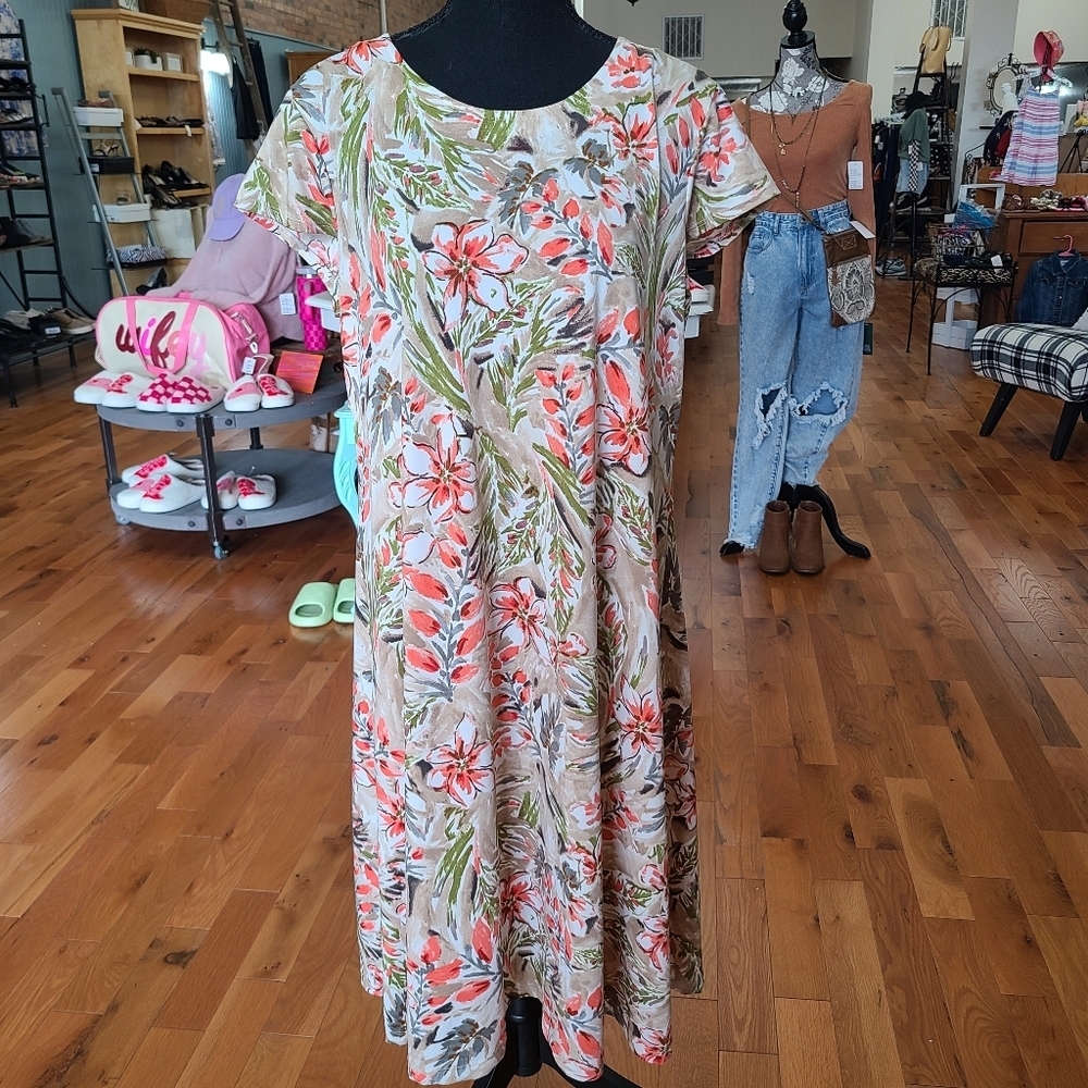 Southern Lady Floral Print Dress Coral Green Tan Size Large